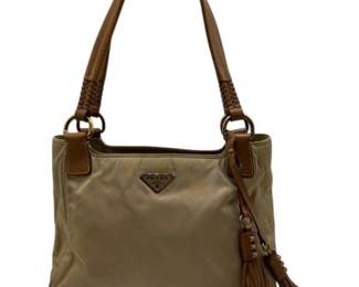 Prada Tan Nylon Shoulder Bag with Leather Trim & Tassel Charm