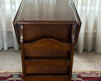 Double Drop Leaf Side Table  ~ Magazine Rack on one end ~ Slide out Extension on the other & Shelf on Bottom 