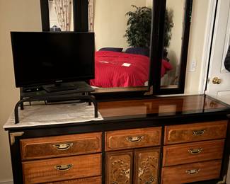 Raymond K Sabota  Styled  for Century Furniture ~ Chinoserie ~Bedroom Suite Long dresser W/ Tri~fold Mirror Black lacquer with brass accents