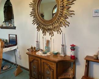 Large Mid Century Modern Sunburst Mirror, Cabinet