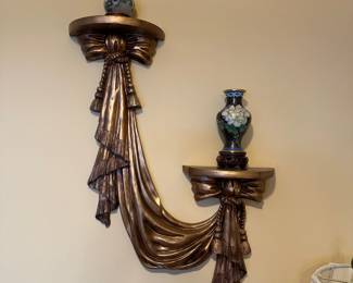 Pair of Hollywood Regency Style Draped Wall Sconce Shelves