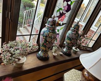 Decorative Jade & Rose Coral Trees, Pair of Covered Jars