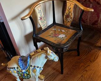 Asian Lacquered Corner Chair, Chinese Tang Style Horse Statue