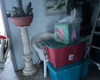 Marble Pedestal, Wicker Chair