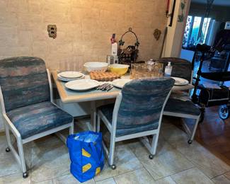 Kitchen Table & Chairs, Corelle Dishes, Pyrex Town & Country Cinderella Mixing Bowls (2)