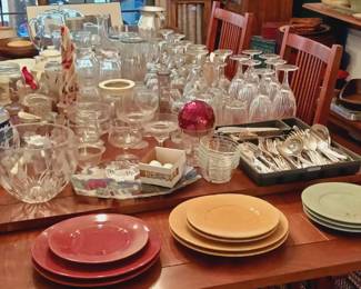 Stickley cherry table and four arts and crafts style chairs. Glassware.