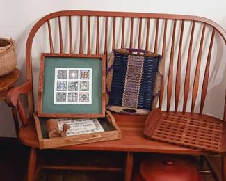 Contemporary bench, side table, antique drawers