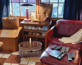 Bin, country store piece, cherry and leather chair and ottoman.