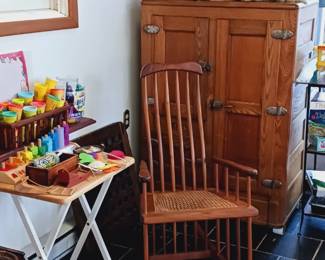 Oak ice box, rocker, toys