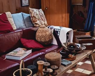 Bench, Stickley leather arts and crafts sofa, antique corner cupboard, hanging cupboard.