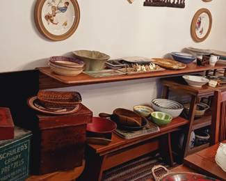 More pottery, bench and antiques.