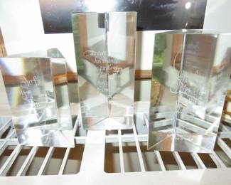 3 Piece Tiffany & Co. Etched Crystal Prisms with Motivational Quotes by Ralph Waldo Emerson 1803-1882, Thomas C. Wolfe 1900-1938 & Robert Frost 1874-1962