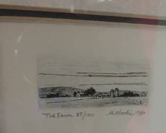 Original 1986 Etching "The Farm" by Artist Mark R. Woodie Signed & #85/100
