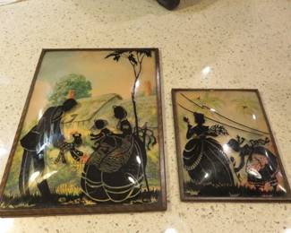 Vintage Reverse-Painted Silhouette Artwork on Glass