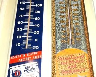 Vintage Metal Mail Pouch Chew Tobacco Sign/Thermometer & Dr. Barker's Horse Liniment Advertising Thermometer Sign