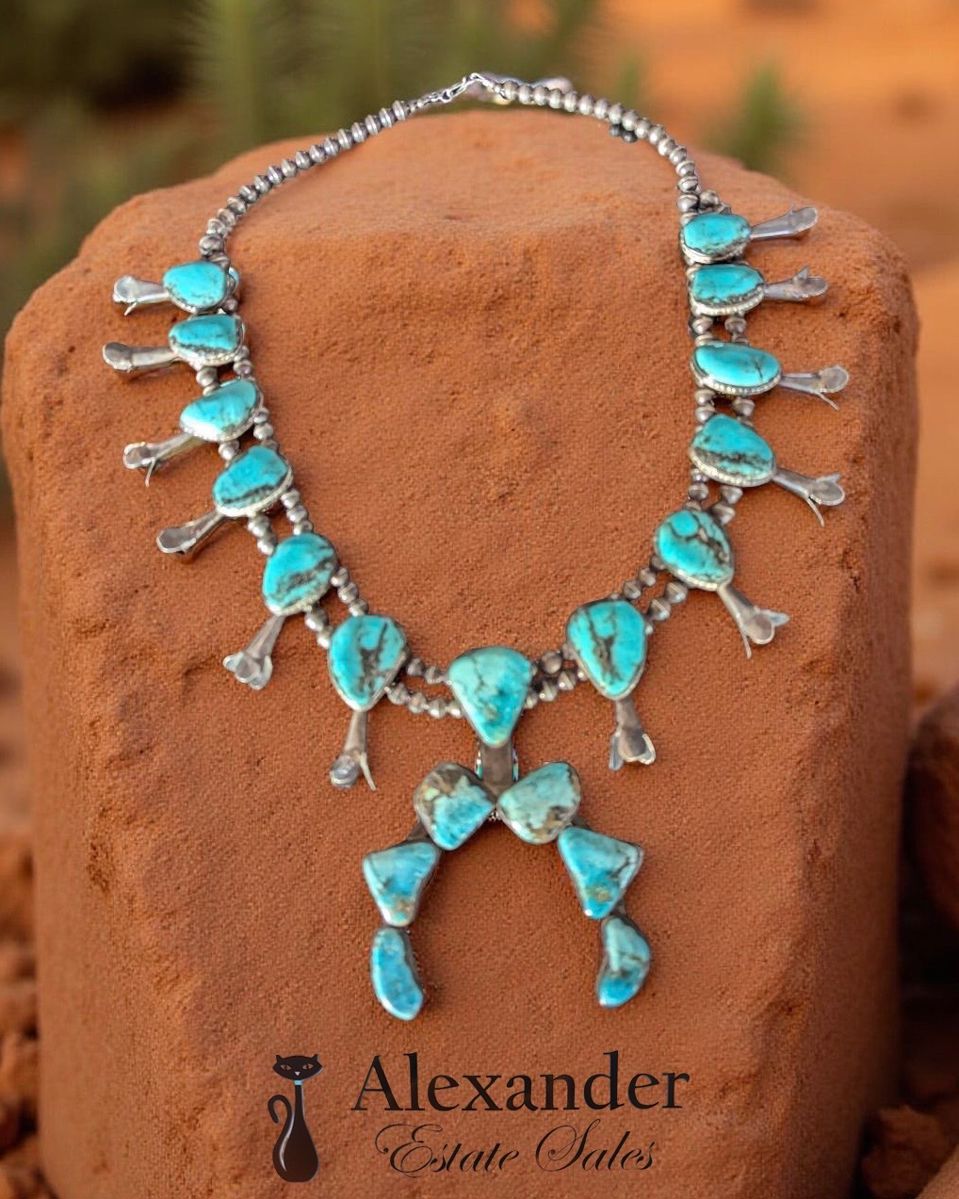 Navajo Turquoise and Silver Squash Blossom Statement Piece. 
