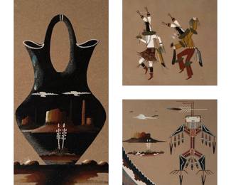 Navajo sand paintings, vases and decor.