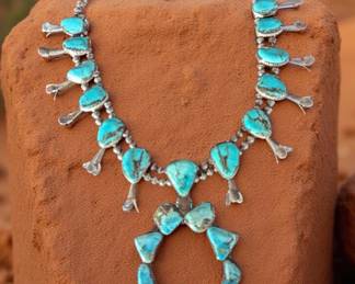 Navajo Turquoise and Silver Squash Blossom Statement Piece.