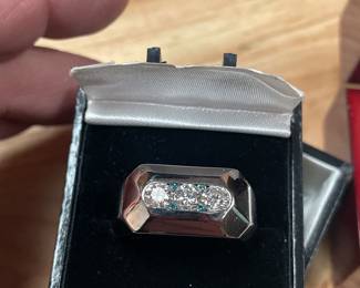  from one of our past clients -  current appraisal in hand  to give you a copy -  this bad boy is 14k white gold- approx 1.14 carats  white diamonds w/ blue diamond accents appraised at $11680- selling for $6475    happy to meet at your  reputable jeweler for inspection  before purchase - you will get a copy of this appraisal with purchase  