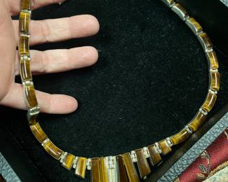 STERLING VINTAGE HEAVY TIGER EYE NECKLACE $165