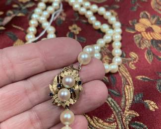 14K GOLD CLASP W/ PEARLS AND SAPPHIRE  LONG QUALITY PEARL NECKLACE -  ESTATE PIECE HIGH END ALL THE WAY  $699 