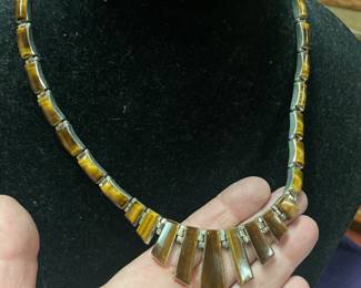 VINTAGE ESTATE STERLING -TIGER EYE HEAVY NECKLACE  OVER 100 GR  - GOOD LENGTH TOO ! $165