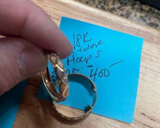 18 K TRI COLOR GOLD HOOPS  $400  GOLD IS HIGH THIS IS ABOUT 20% ABOVE MELT   