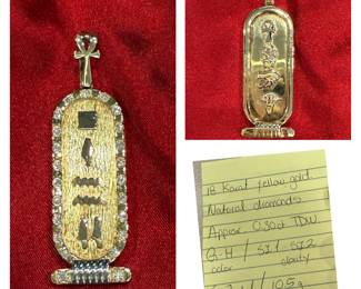 18K gold pendant from Egypt. All natural diamonds surrounding it approximately .30 total carrot weight for diamonds. The diamonds are G/H in color. SI -S2 in clarity. Total pendant weight is 10.5.
