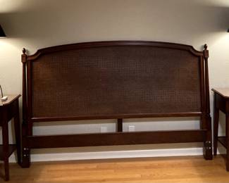 King size rattan head board, bed side tables (finished on back) and lamps