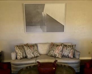 Lovely understated sofa, gorgous raw silk covered down pillows (removable) and a wonderful contemporary painting