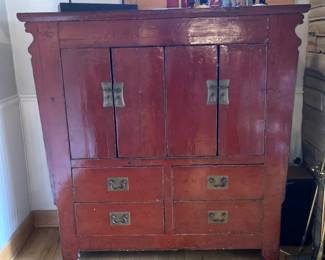 Stunning antique Asian red acquer cabinet with four roomy drawers