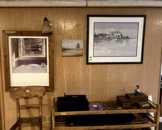 Framed vintage Wyeth, Original watercolor of Grand Marais, MN. Tons of primitive furniture and decorative items.