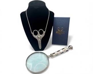 67 NewSterlingScissorPendantNecklaceVintageShellHandleMagnifier