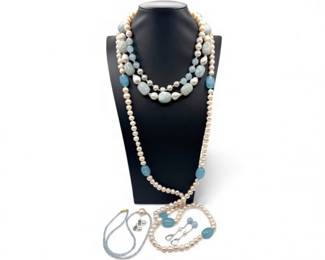 23 AquamarineFreshwaterPearlJewelryLot3Necklaces2Earrings