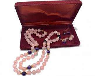 9 RoseQuartzAmethystNecklaceSetw14KAccentsEarrings
