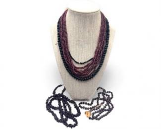 33 BlackAgateGarnetNecklaceLotMultiStrandBeaded
