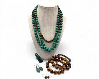 42 MalachiteTigersEyeNecklaceswSterlingPendantRing