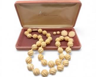 5 VintageCarvedBoneNecklaceSetwEarrings14KBackings