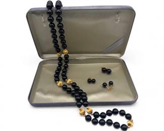 26 BlackStoneNecklacew14KGoldAccents3MatchingEarringPairs