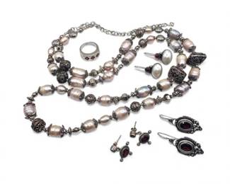 4 SterlingPearlNecklaceSetwSterlingGarnetEarringsRing