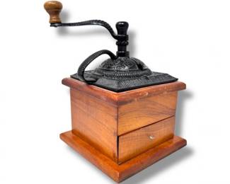 134 VintageHandCrankCoffeeGrinderWoodBaseCastIronTop