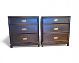 110 PairofEthanAllen3DrawerBedsideTablesDarkWoodwBrassPulls