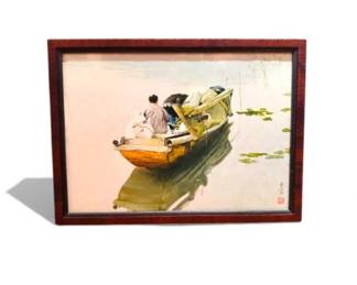 99 OriginalChineseWatercolorPaintingofBoatFishermanFramed