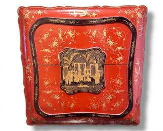 148 AntiqueChineseRedLacquerBoxwGoldBlackMotifs