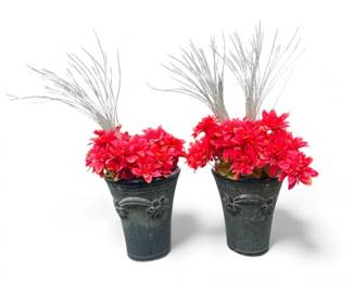 106 PairofWeatheredGreenGardenPlantersFloralReliefDesign