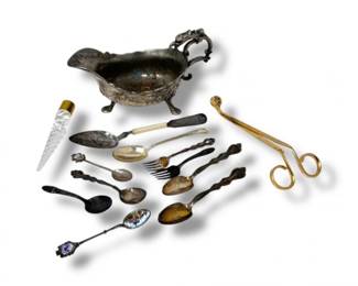 166 VintageSilverPlatedGravyBoatMixedUtensilsCrystalTopper