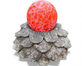 95 OrangeBlownGlassGardenBallwConcreteFlowerBase