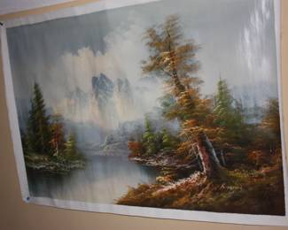 Oil on canvas large river w/mountain s  signed