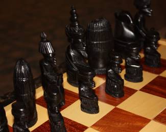 Wood folding game board oriental chess set w/carved pieces