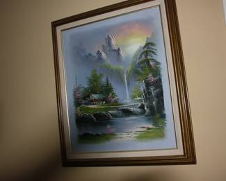 Oil on canvas Japanese Waterfall  Framed & matted  signed